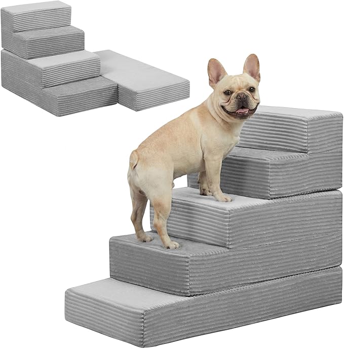 Dog Stairs for Small Dogs, 22" H Dog Steps for High Bed, 5 Steps 3 in 1 Foldable Pet Ramp for Large Cats Climb, Transformable Large Cats Ramp to Get on Couch, Non-Slip Balanced, Light Grey