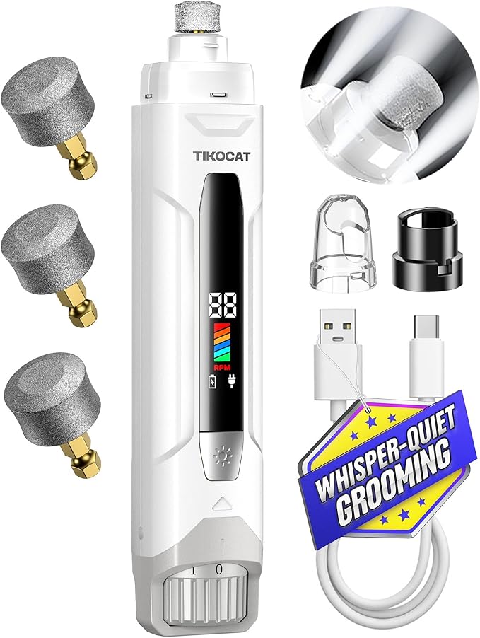 Whisper-Quiet Dog Nail Grinder, 50% More Powerful 6-Speed Pet Nail Trimmer with LED Display & 4 LED Lights, 3 Grinding Bits, No Over-Cutting, Stress-Free Grooming for Dogs, Cats & All Sensitive Pets