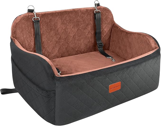 Lealchum Dog Car Seat for Large Size Dog,Soft Fabric Car Dog Bed Filling Memory Foam,2 Clip-On Safety Leashs and 2 Pockets,Removable and Washable Comfy Pet Car Seat(Black/Brown, Large)