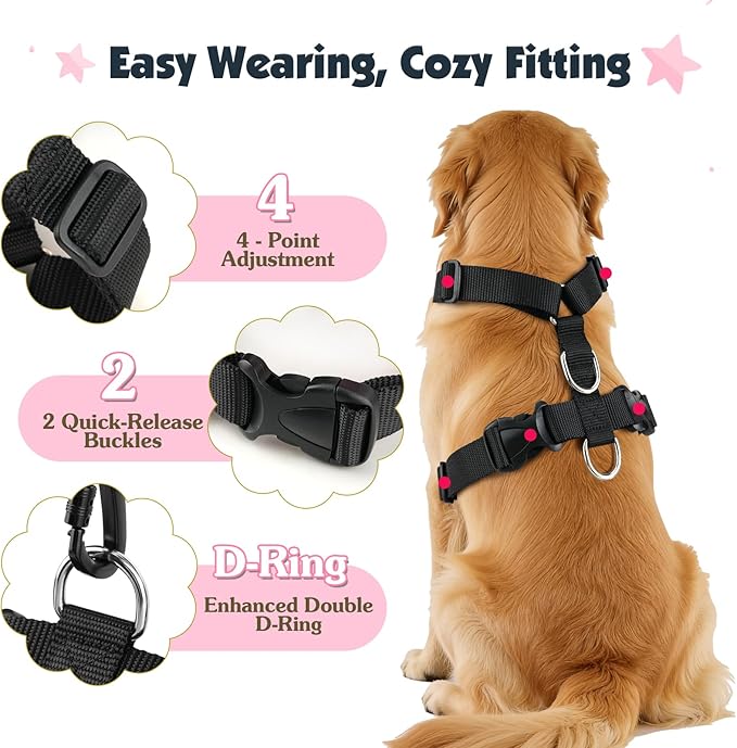 Pawaboo Dog Seat Belt Harness for Car, Dog Car Harness Seatbelt with Double Clips, Adjustable Breathable Pet Vest & Dogs Safety Tether with Elastic Bungee for Small Medium Large Pet, M, Pink + Black