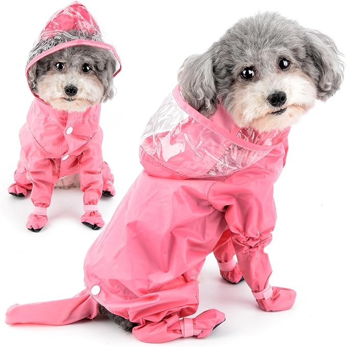 Zunea Waterproof Dog Raincoat with Hood for Small Dogs Rain Poncho Jumpsuit with Rain Boots Puppy Hooded Slicker Rainwear Four-Legged Pet Rain Jacket for Walking Pink XXL