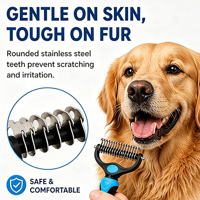 Pet Grooming Tool for Dogs & Cats, Includes Dual-Sided Dematting Comb & Stainless Steel Comb, Deshedding Brush for Long Hair, Thick & Double Coats, Pet Shedding & Loose Hair Removal Tool (Pink)