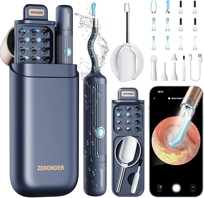 Ear Wax Removal Tool Camera: ZERONDER I35R Ear Cleaner with Flexible Ear Camera Otoscope - Visual Ear Pick Tweezers Wax Remover - Ear Cleaning Kit for Family