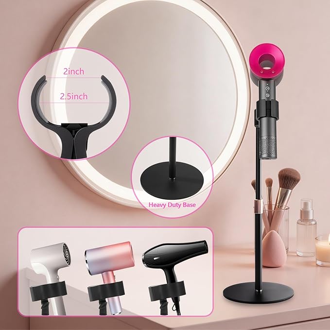 BILIONE Hair Dryer Stand Holder, Height Adjustable Countertop Blow Dryer Holder, 360° Rotating, Heavy Duty Non-Slip Base＆Universal Clip, Compatible with 99% of Hair Dryers