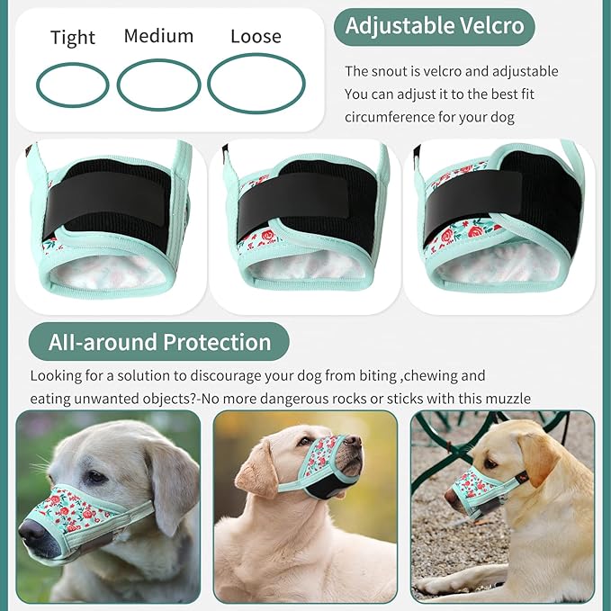 HEELE Dog Muzzle,Soft Nylon Muzzle Anti Biting Barking Chewing,Air Mesh Breathable Drinkable Adjustable Loop Pets Muzzle for Small Medium Large Dogs 4 Colors 4 Sizes (P-Cyan Flower, M)