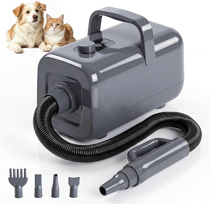 NEWBULIG Dog Hair Dryer, 1550W High Velocity Pet Blow Dryer with Heater for Grooming, Speed Temperature Adjustable Dog Blower Grooming Dryer with 4 Nozzles, Grey