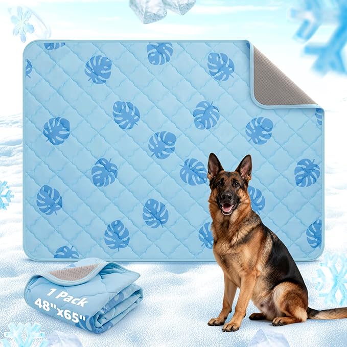 LOOBANI Dog Cooling Mat for Large Dogs 65"x48"- Pet Cooling Mat with Anti-Slip Bottom, Waterproof Self-Cooling Dog Pad for Crate, Floor & Car, Grey Monstera (Blue, 65"x48")