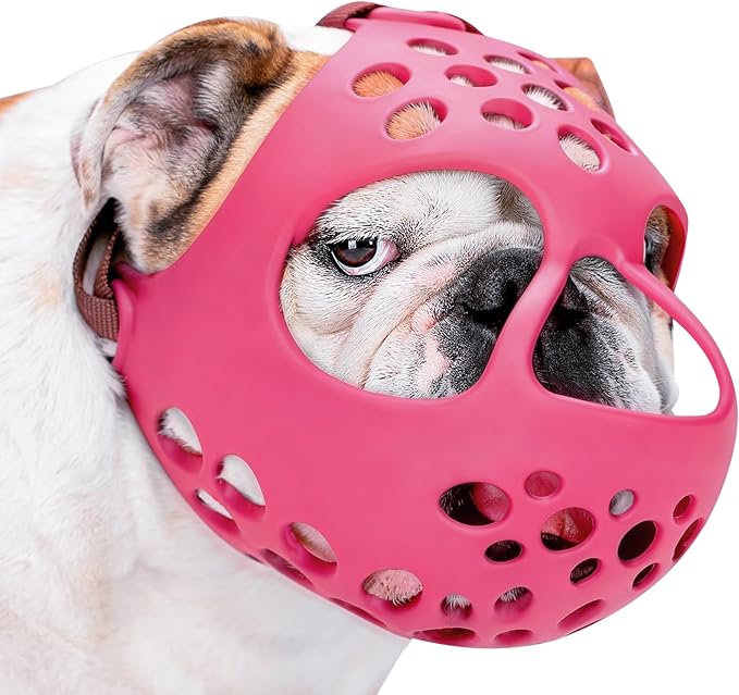 BARKLESS Short Snout Dog Muzzle, Soft Silicone Flat Faced Muzzle for French Bulldog Shih Tzu and Pug for Biting Chewing Licking and Grooming, Allows Panting (XL, Hot Pink)
