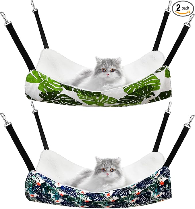 Jetec 2 Pack Cat Hammock for Cage, Catio Accessories Reversible Soft Cats Bed with Adjustable Straps and Hooks Double-Sided Linen and Fleece Hanging Hammock for Cats, Kitten(Monstera Leaf,L)