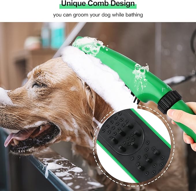 Pet Shower Sprayer, Dog Shower Attachment, 1.8GPM Dog Shower & Bath Accessories with Faucet Head Hook Valve 9.8 Ft Steel Hose for Dogs Cats Bath Indoor Outdoor Green & Black