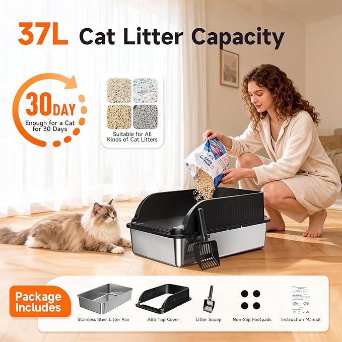 Extra Large Stainless Steel Litter Box with Lid, XL Odor Free Metal Litter Box with High Sides for Big Cats, Open Top Easy Cleaning Kitty Box Anti-Urine Leakage, Non-Sticky, Include Scoop, Black