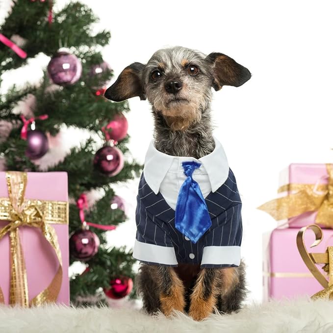 DENTRUN Navy Blue Dog Tuxedo - Formal Pinstripe Pet Suit Shirt with Satin Tie, Elegant Wedding Outfit Birthday Party Attire for Chihuahua Yorkie Shih Tzu Pomeranian Small Dogs (Polyester), S