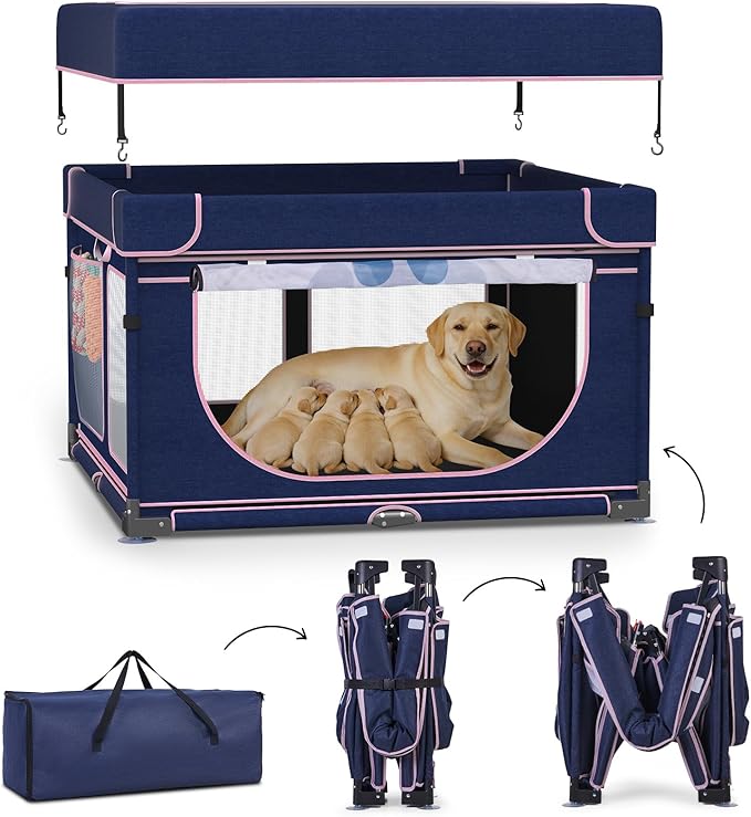 LOOBANI Foldable Whelping Box for Dogs and Puppies: 1 Min Setup Pet Puppy Playpen Indoor with Cover & Waterproof Bottom, Portable Birthing Box for Dog Cat Duck-43.3"x43.3"x27.1"│Patented (Blue+Pink)