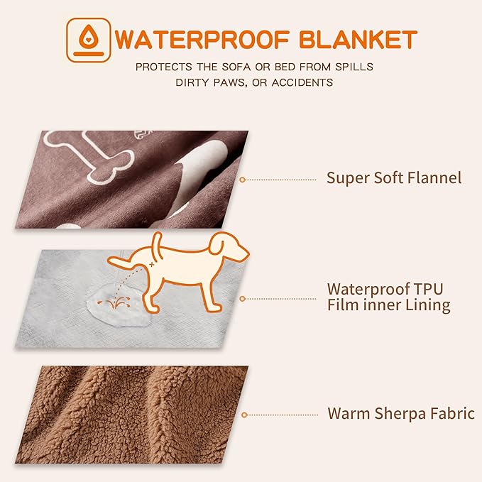 Waterproof Dog Blankets Pet Blanket 60"x80", Soft Fluffy Sofa Car Bed Protector, Reversible Sherpa Fleece Dog Blanket for Large Dogs(Chocolate Brown-Bones)