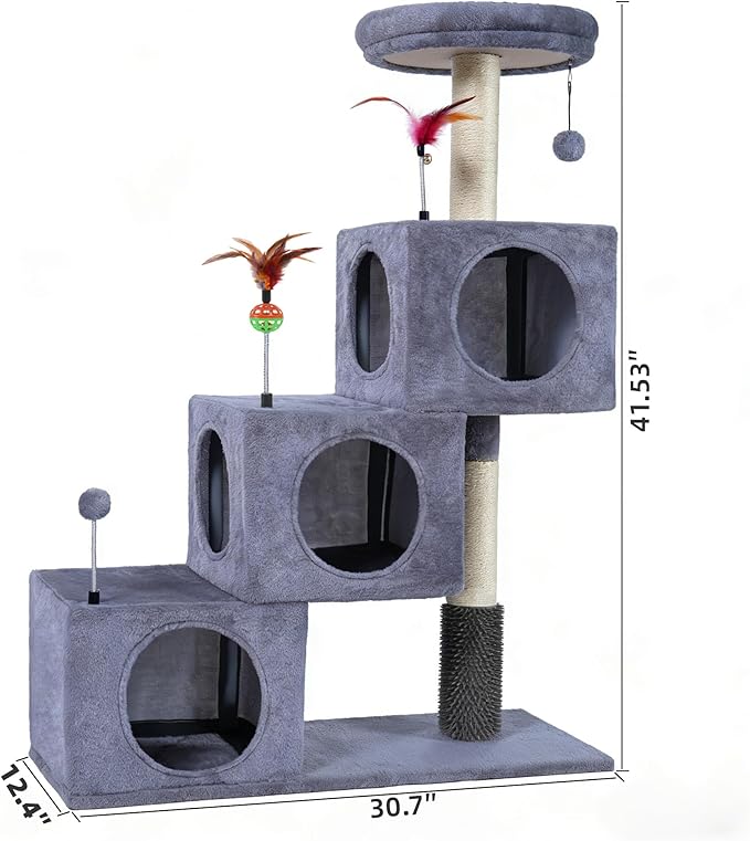 Cat Tree Tower for Indoor Cats, Cat Tree with 3 Spacious Cat Houses & Condos, Full Sisal Scratching Posts and Cat Scratcher Toys，Grey