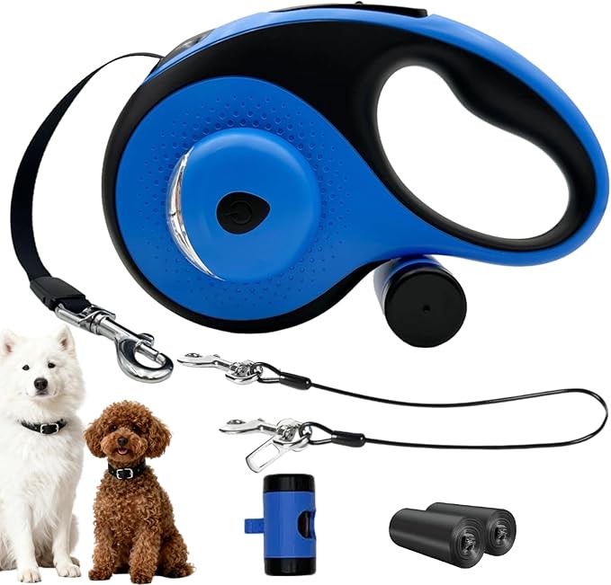 26ft Retractable Dog Leash for Large Dogs with Poop Bag Holder and LED Light,Heavy Duty Retractable Dog Leash with Chew Proof Extender,One-Hand Lock System,Impact-Resistant,Up to 110 lbs (Blue)