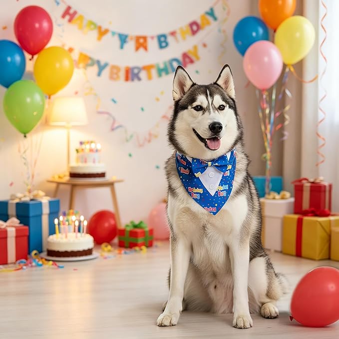 ADOGGYGO Birthday Boy Dog Tuxedo Bandana, Blue Collar with Bow Tie, Adjustable Formal Birthday Costume for Extra Large Dogs (XL)