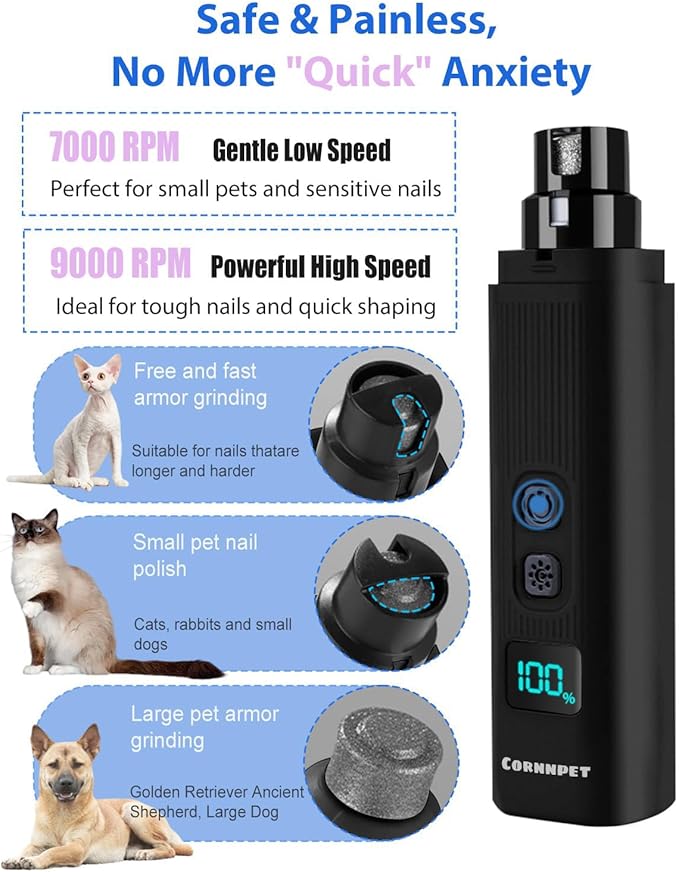 Dog Nail Grinder - 2 Speed Super Quiet and Low Vibration Electric Pet Nail Grinder - Rechargeable Dog Nail Trimmers for Small Dogs- Cat Nail Claw Clippers with 2 LED Lights（Black）