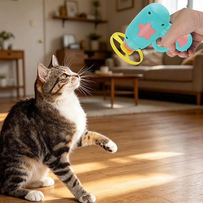 Andiker Cat Fetch Toy, Interactive Kitten Flying Disc Launcher Toy with 5 Colorful Flying Propellers for Cat Enrichment, Flying Saucer Toy for Cats for Training and Chasing (Blue+Pink(10pcs))