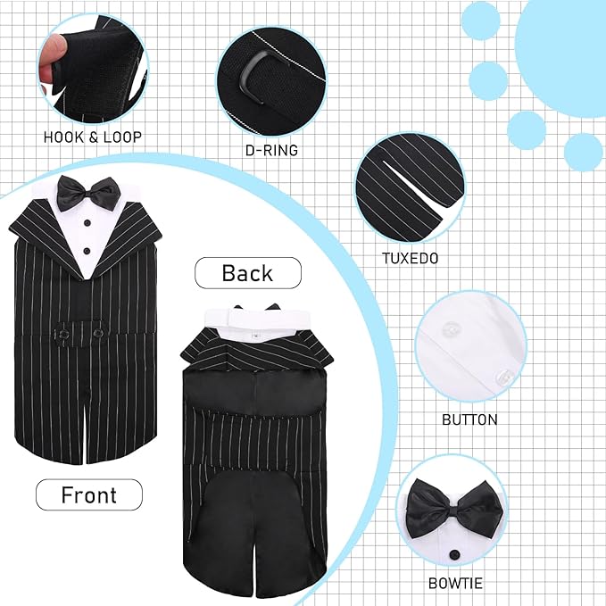 DORA BRIDAL Dog Tuxedo for Large Dogs, Dog Suit and Bowtie, Formal Dogs Wedding Outfit, Pet Tuxedo and Bandana Set Valentines Birthday Christmas Party Costumes for Labrador Golden Retriever, Stripe,XL