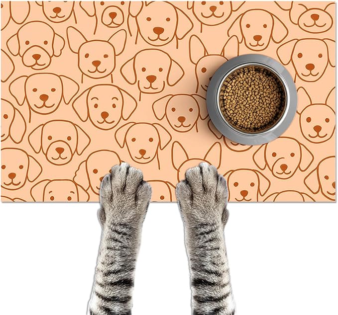 HOMETITUTE Adorable Cute Dog Faces Pattern Pets Food Mat Spill-Proof Pets Feeding Mats Cats Food and Water Bowl Pet Easy Clean Fast Dry Pet Mats for Foods and Water Mat for Cat Dogs 20" x 12"