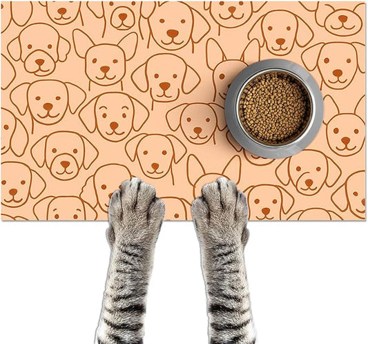 HOMETITUTE Adorable Cute Dog Faces Pattern Pets Food Mat Spill-Proof Pets Feeding Mats Cats Food and Water Bowl Pet Easy Clean Fast Dry Pet Mats for Foods and Water Mat for Cat Dogs 20" x 12"