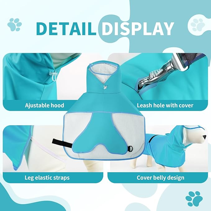 Dog Raincoat, Waterproof Windproof Dog Rain Jacket with Hood, Rain Coat with Leash Hole, Adjustable Raincoat Poncho for Small Medium Large Dogs Outdoor (Blue, M)
