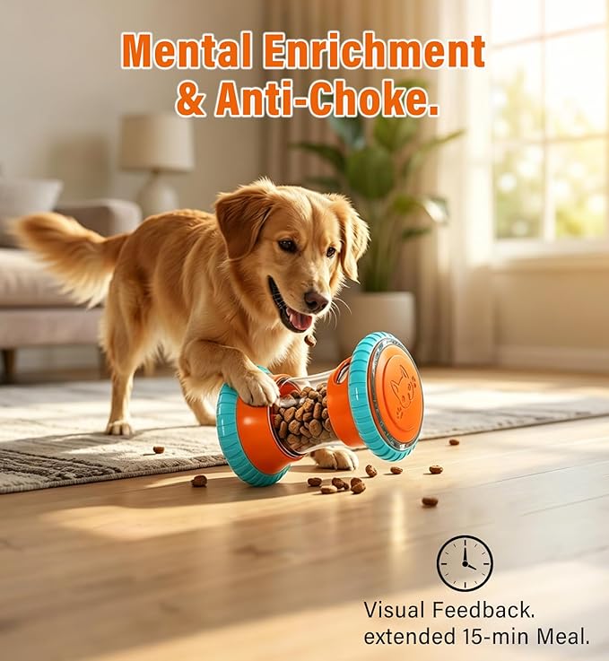 Interactive Dog Puzzle Toy & Slow Feeder-Fully Detachable Dishwasher Safe Treat Dispenser, Stepless Adjustable Dual Ports for Kibble & Freeze-Dried, Whisper-Quiet Rubber Wheels for All Breeds