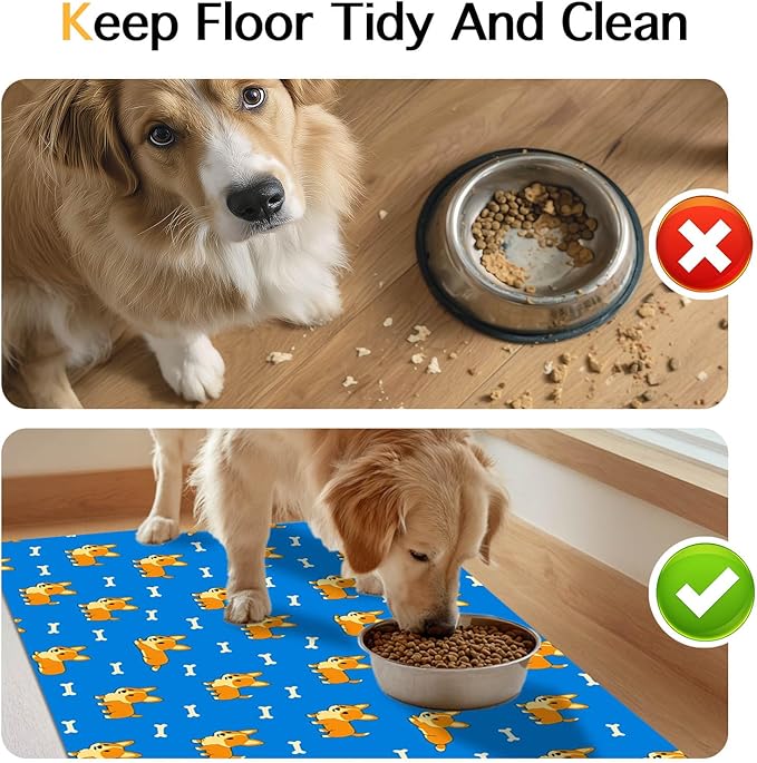 HOMETITUTE 24x16 inch Cute Corgi Design Non Slip Pet Food Mat Dog Bowl Placemat for Food and Water Small Pet Bowl Mats Cat Food Mats Easy to Clean Feeding Mat for Small Pets