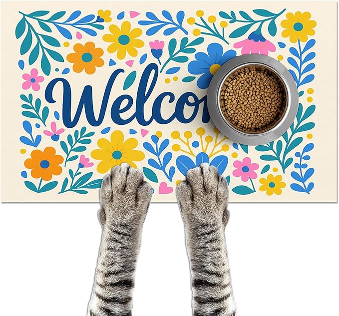 HOMETITUTE Daisy Flower Pet Food Mat 20" x 12" Welcome Sign Pet Feeding Mat Non Slip Mats for Dog Food and Water Bowls Easy Clean Fast Dry Placemat for Cat Food Mats for Indoor Trendy Pet Accessories