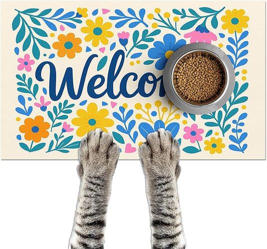 HOMETITUTE Daisy Flower Pet Food Mat 20" x 12" Welcome Sign Pet Feeding Mat Non Slip Mats for Dog Food and Water Bowls Easy Clean Fast Dry Placemat for Cat Food Mats for Indoor Trendy Pet Accessories