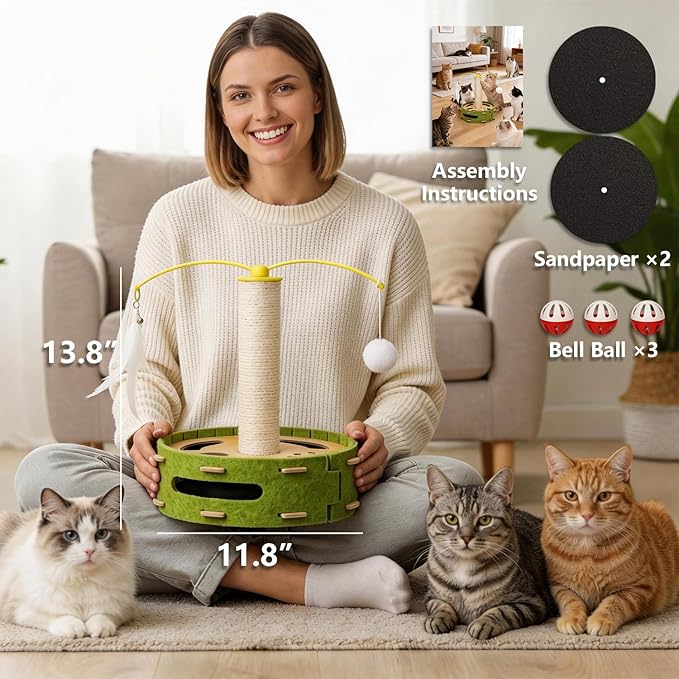 Cat Nail File Scratcher, Cat Claw Saver Box with Scratching Post, Interactive Cat Scratch Puzzle Box with Rotating Teaser & Replace Sandpaper for Indoor Cats (3 Bell Ball)