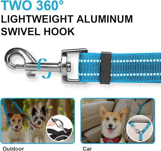 MingXpet Double Dog Leash for Two Dogs, No Pull Dog Leash, 360° Swivel No Tangle for Medium Dogs Walking & Training, Shock Absorbing Reflective Bungee, Blue