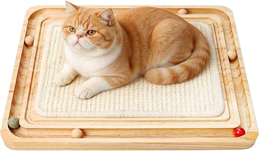 Cat Scratching Pad with Ball Track Toy Interactive Cat Scratcher Board with Rolling Balls Natural Wood Sisal Cat Scratch Pad for Indoor Cats