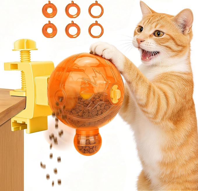 Cat Slow Feeder Puzzle Toy with Clamp Mount, Interactive Spinning Ball Treat Dispenser, Adjustable Feeding Openings for Dry Food, Enrichment Food Dispenser for Indoor/Outdoor, Cats/Small Dogs