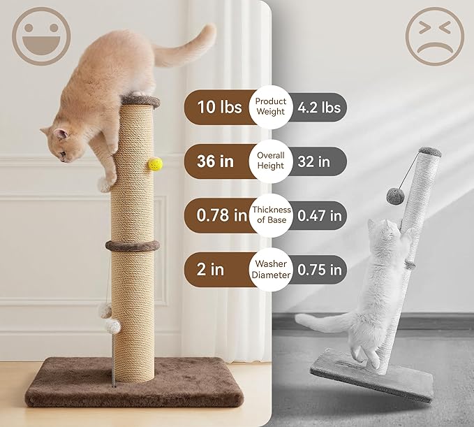 5-Inch Thick Sisal Cat Scratching Post, 36" Tall Scratch Tower with 6.5" Top Perch and Large 20.8×15.9" Stable Base, Durable Cat Scratcher for Indoor Cats, Brown