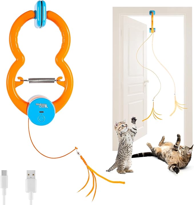 ALL FOR PAWS Interactive Cat Toy for Indoor Cats, Automatic Door Hanging Toy with Moving Feather, USB Rechargeable Cat Toys for Bored Adult Cats & Kittens, Electric Cat Toy for Enrichment & Exercise