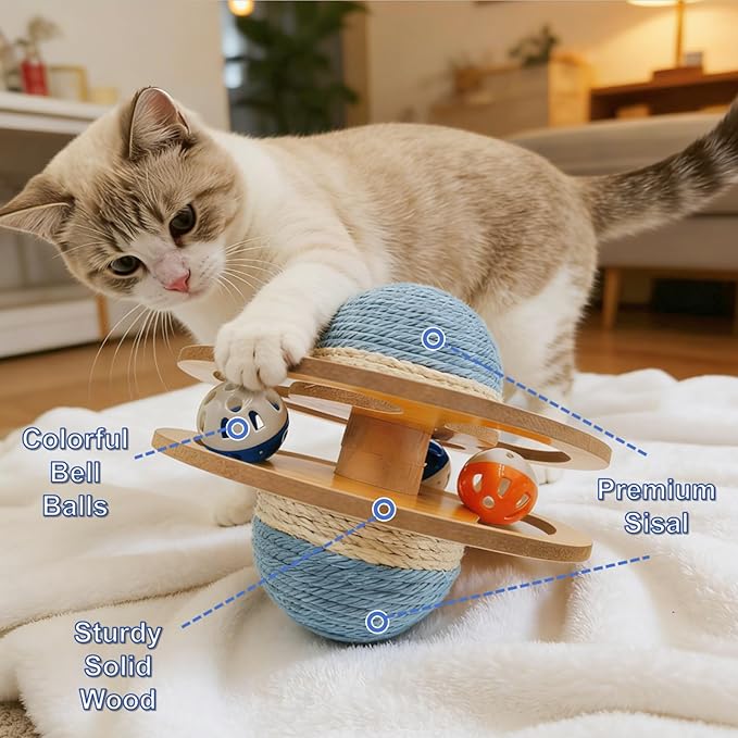 Sisal Cat Ball Track Toy for Indoor Cats Interactive Wooden Scratching Ball with Puzzle Top for Kitten Kitty Exercise Mental Physical