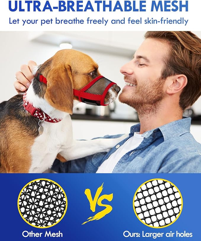 Dog Muzzle, Soft Air Mesh Muzzles for Extra Large Dogs, Breathable Dog Mussels for Scavenging Biting Licking & Barking, Adjustable Mouth Guard for Grooming, Allows Panting and Drinking (Red,XL)