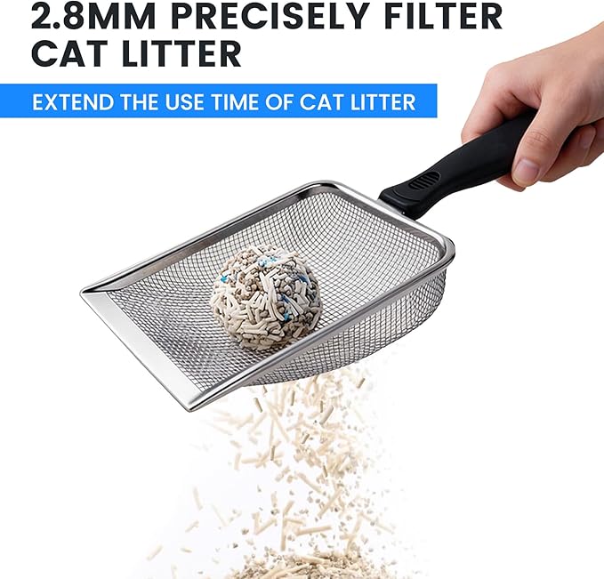 Cat Litter Scoop, Stainless Steel Mesh Scoop Away Cat Litter, Kitty Litter Scoop 2.8mm Hole, Non-Stick Cat Litter Scoop for Crystal Litter|Pine Pellets|Small Pieces, Litter Cleaner Beach Mesh Shovel