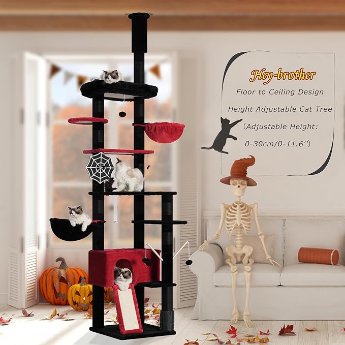 Hey-brother Gothic Cat Tree, 98.4-110.2 Inches Floor to Ceiling Cat Tree-Adjustable Height, Tall Cat Climbing Tower for Cats Large Adult with Scratching Post, Cat cando, Black and Red 0MPJ091BR