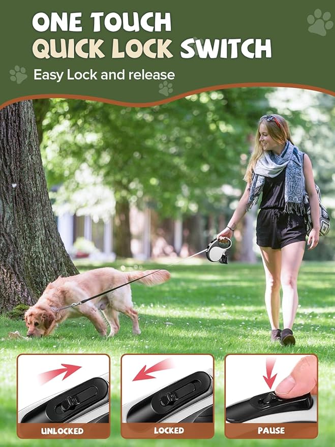 Retractable Dog Leash with Led Light, Douexio 16ft Heavy Duty Dog Leash Retractable for Medium Large Dogs Up to 110lbs,360° Tangle-Free, One-Button Control, High Strength Hook (White, 66-110lbs)