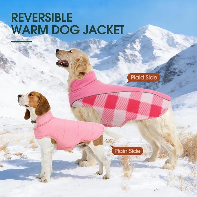 Kuoser Dog Winter Coat, Reversible Waterproof Dog Jacket with Reflective Strip, Warm Dogs Fleece Vest Adjustable Doggy Cold Weather Clothes Plaid Christmas Outfit Pet Apparel for Medium Dogs, Pink M