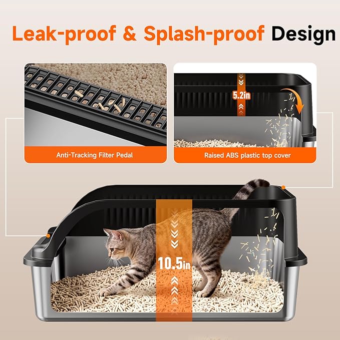 Extra Large Stainless Steel Litter Box with Lid, XL Odor Free Metal Litter Box with High Sides for Big Cats, Open Top Easy Cleaning Kitty Box Anti-Urine Leakage, Non-Sticky, Include Scoop, Black