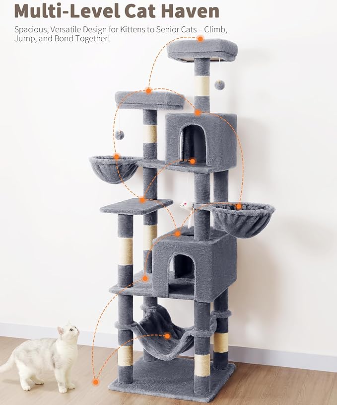 AMHANCIBLE 70 Inch Cat Tree for Large Cats, Multi-Level Cat Tower Condo with 2 Houses & Hammock for Indoor Cats, Tall Heavy Duty Kitty Playhouse, Grey, PT18GY
