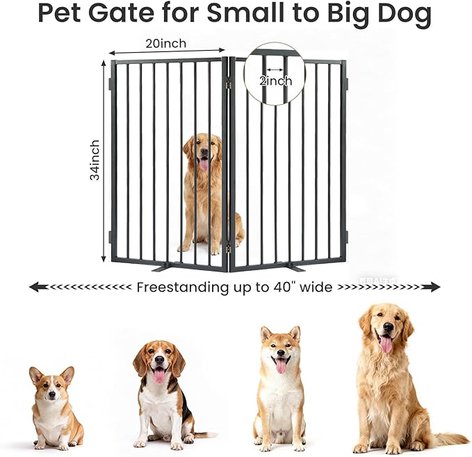 Full Metal Freestanding Dog Gate with Cat Door for Outdoor & Indoor,34" Tall Foldable Pet Fence,40" Extra Wide Free Standing Dog Gate for RV Camping,Stairs,Hallways,Doorways,Deck,Yard (2 Panels,Black)