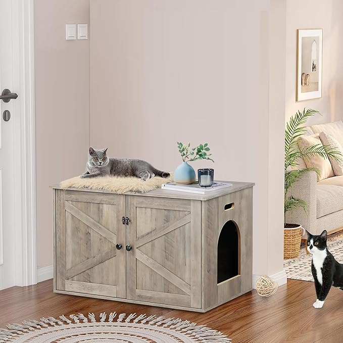 Timberer Cat Litter Box Enclosure, Litter Box Furniture Hidden with Removable Divider, Wooden Cat Washroom Furniture, Greige
