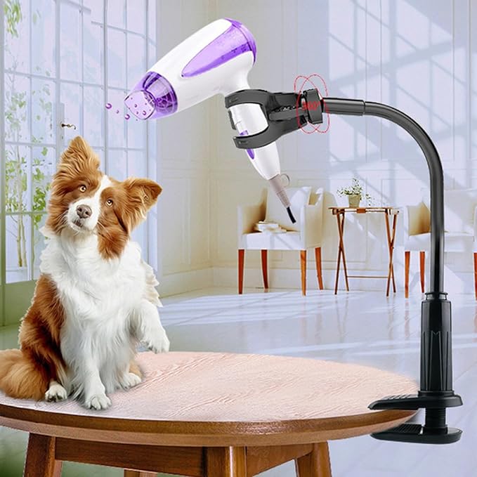 Luocute Pet Hair Dryer Stand with Clamp, 360 Deg Rotation Strong Load Bearing, Hands Dog Grooming Stand for Table, Wall Mounted Hairdryer Mount for Light Weight Sit Under Blowdryer