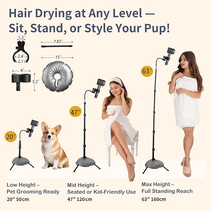 Hair Dryer Stand - 360° Rotating Universal Holder, 20-65 Inch Adjustable, Hands Free for Pain Relief & Multi-Tasking
