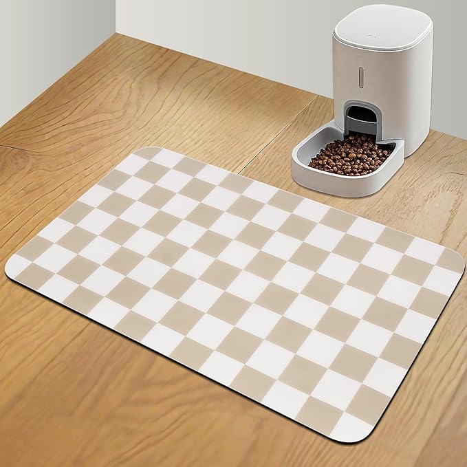 CooRug Checkered Dog Food Mat, Absorbent Leak-Proof Pet Feeding Mat, Quick Dry Cat Food Mat for Messy Drinkers 16" x 24" Khaki